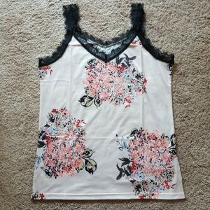 Women's floral pink black lace tank top L